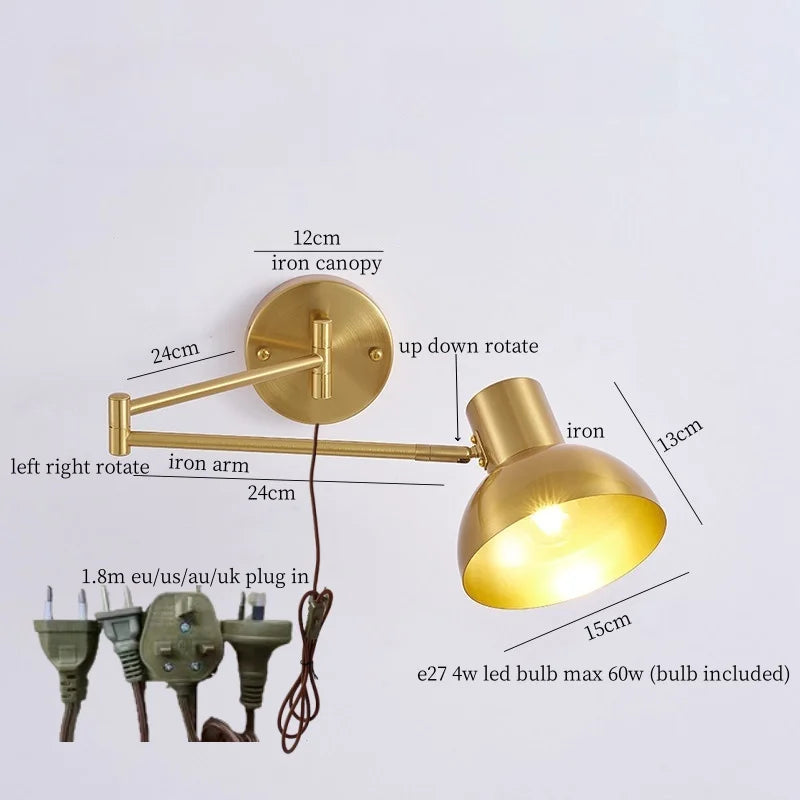 IWHD Golden Iron Art LED Wall Lights For Bedroom Kitchen Living Room Loft Mirror Bedside Lamp Swing Long Arm Lampade Da Parete