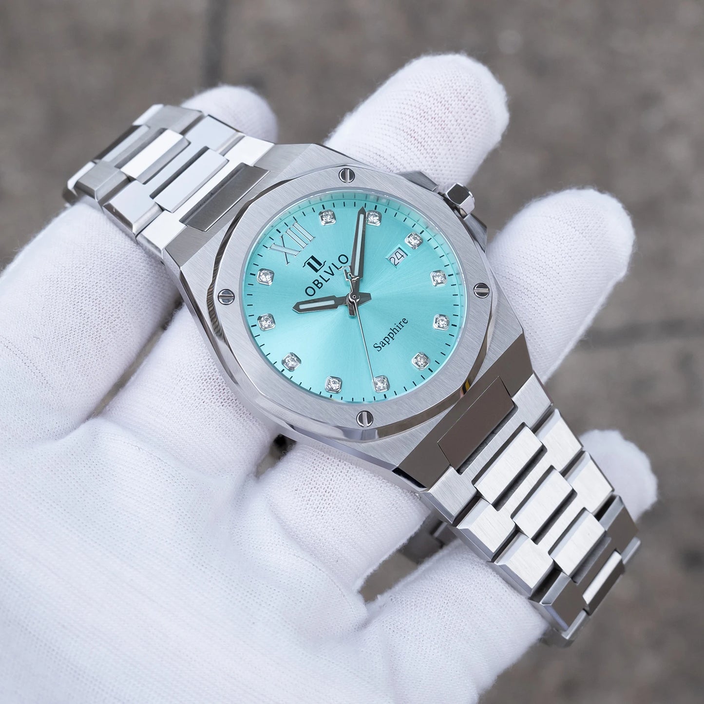 OBLVLO Herren-Armbanduhr mit achteckiger Lünette, blauem Zifferblatt, Datumsanzeige, Quarzwerk, wasserdicht, ideal für Paare (AWM)