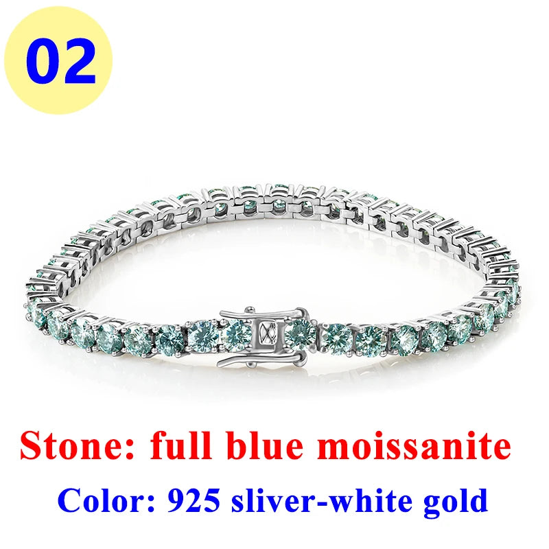 3MM Pink Full Moissanite Tennis HipHop Blue Green Yellow Purple Bracelet S925 Sliver Plated White Gold Bracelet for Women Men