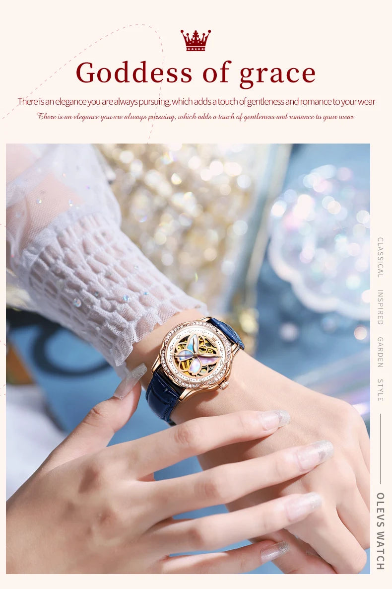 OLEVS Luxury Fashion Women's Watches Colorful Butterfly Dial Original Brand Automatic Mechanical Wristwatch Ceramics Strap Trend