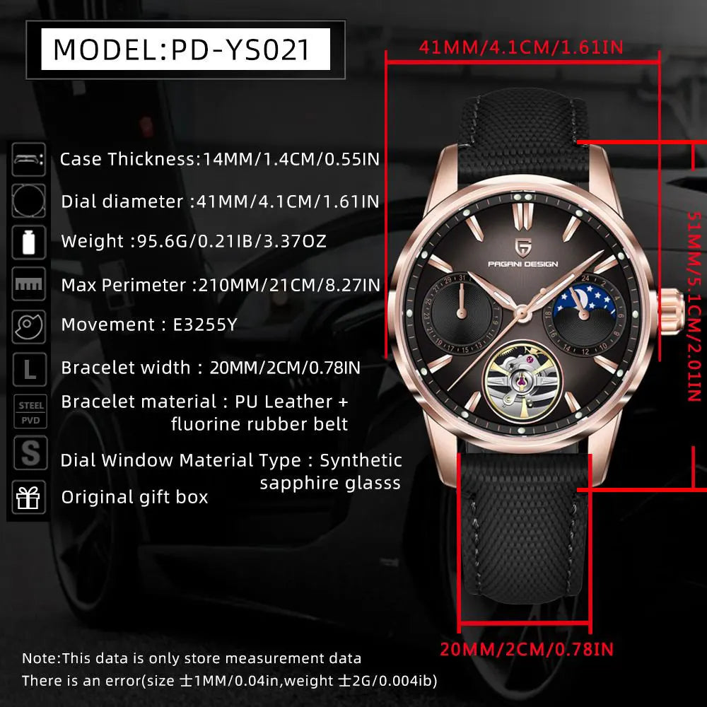 PAGANI DESIGN Tourbillon Men Wristwatch Top Brand 41mm Mechanical Watches Sapphire 100M Waterproof YS021 Gift Watch for Men 2025