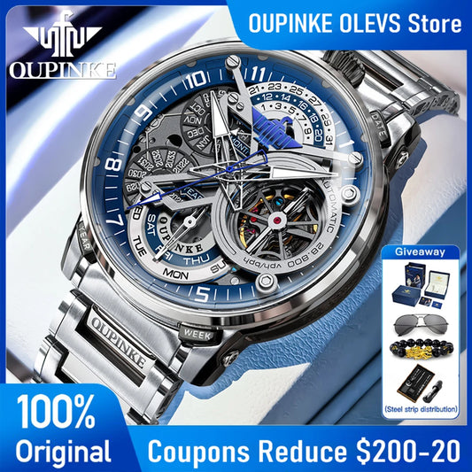 OUPINKE 3278 Mens Watch Luxury Flywheel Skeleton Automatic Mechanical Watch 50M Waterproof  Watches For Man 316L Stainless Steel
