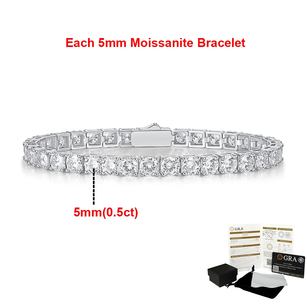 2-6.5mm Real Moissanite Tennis Bracelets for Women Man 925 Sterling Silver Plated White Gold Bracelet Sparkling Wedding Jewelry