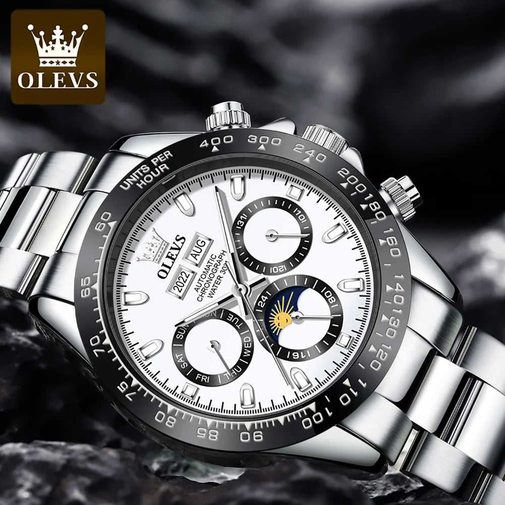 OLEVS 6654 Luxury Mens Watch Chronograph Automatic Mechanical Wristwatch Waterproof Luminous Top Brand Watch for Man Date Sport