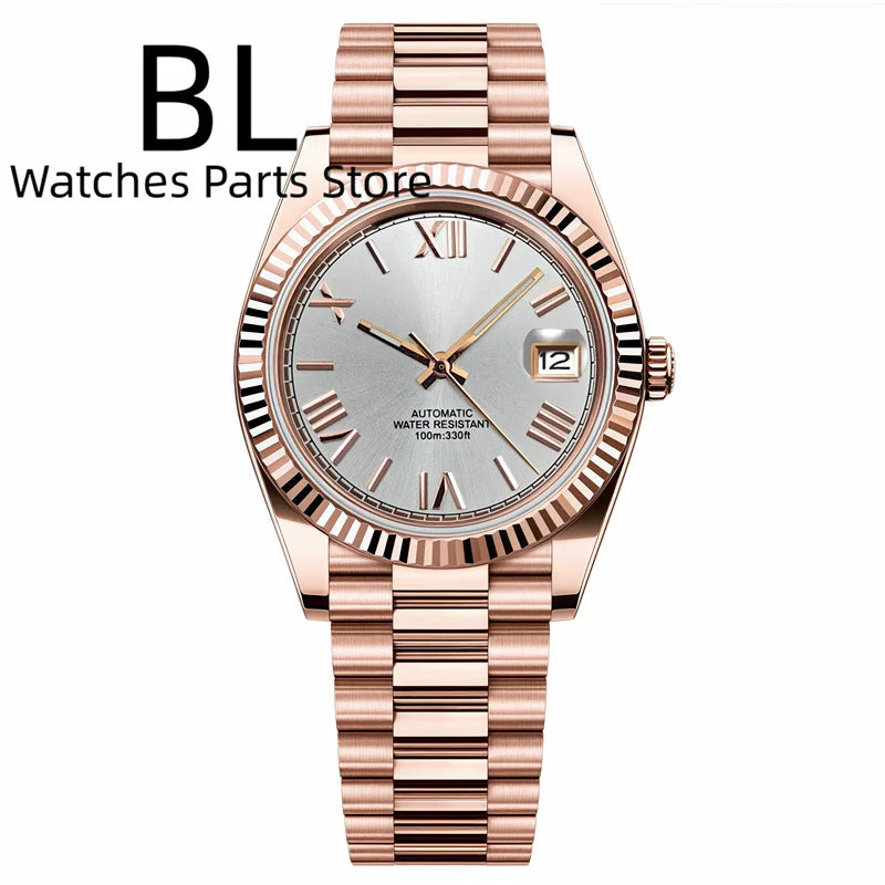 BLIGER 36mm39mm Two-tone Rose Gold Black Dial Watch For Men Date Fluted Bezel Sapphire Glass Rose Roman Index Jubille Bracelet