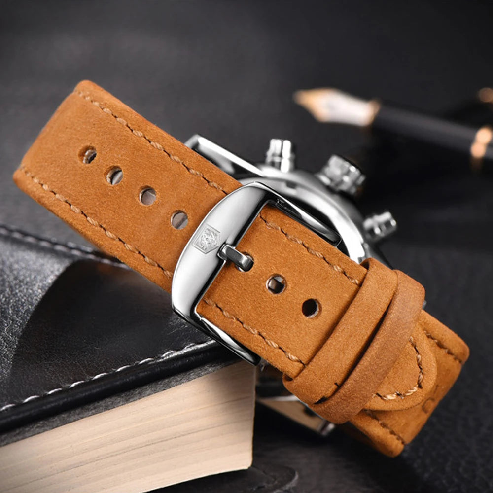 BENYAR Men Quartz Wristwatches Luxury Brand Chronograph Leather Sports Watch For Men Military 100M Waterproof Reloj Hombre 2023