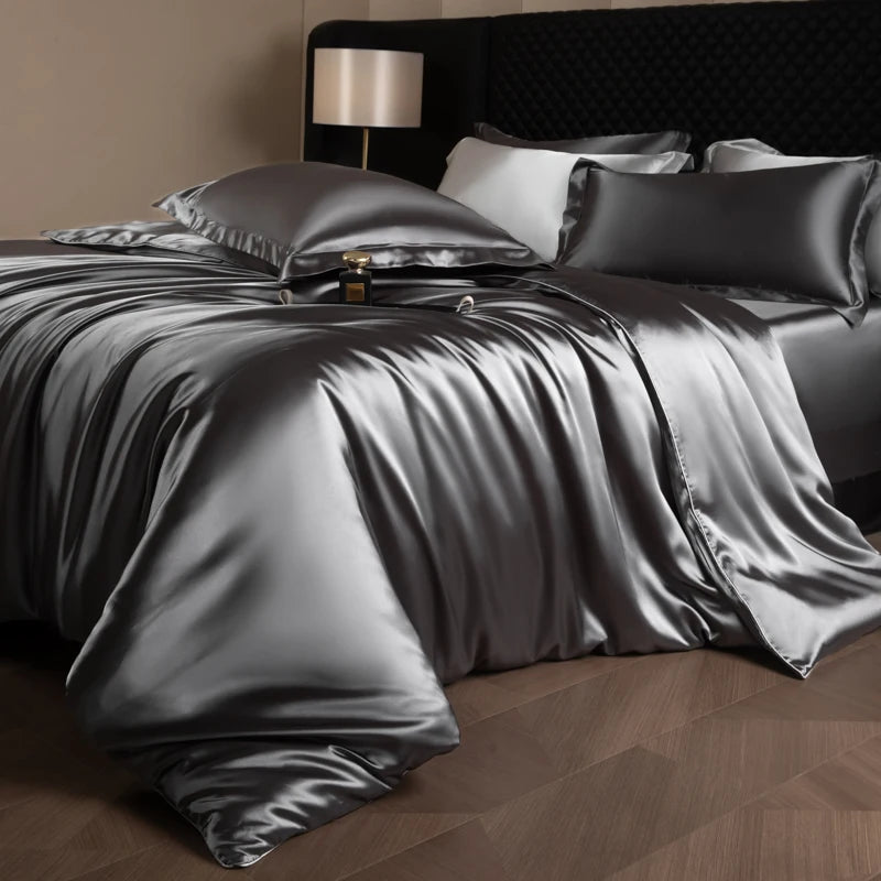 Silk Bed Sheets Set Luxury Bedding Set with Duvet Cover Fitted/Flat Bedheet Pillowcases Mixed with Rayon King Queen Full Twin
