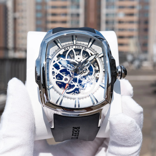 Reef Tiger Men's 316L Stainless Steel Skeleton Automatic Watch Wine Barrel Hollow Waterproof Mechanical Sport Watches RGA3069-S