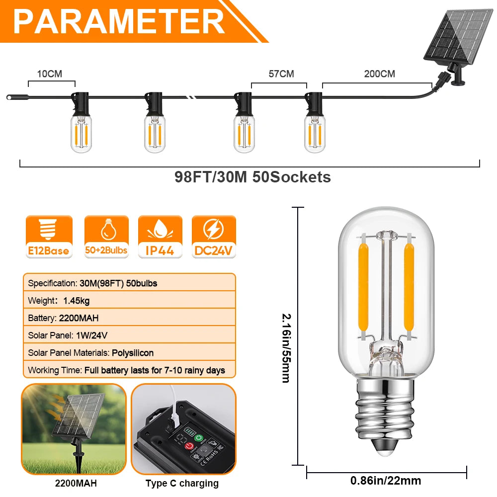 Solar String Light Outdoor Waterproof T22 Bulbs LED Solar Powered Patio Lights for Outside Porch Backyard Bistro Garden Market