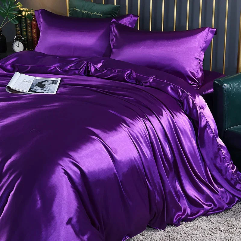 Silk Bedding Set with Duvet Cover Fitted/Flat Bed Sheet Pillowcase Luxury Satin Bedsheet Solid Color King Queen Twin Size