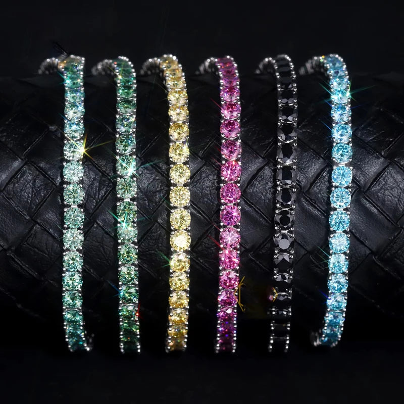 3MM Pink Full Moissanite Tennis HipHop Blue Green Yellow Purple Bracelet S925 Sliver Plated White Gold Bracelet for Women Men