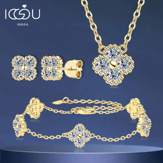 18k Gold Plated 925 Silver 3mm Moissanite Necklace Earrings Bracelet Sets 3 In 1 Clover Flower Charm Jewelry Set for Women Gift