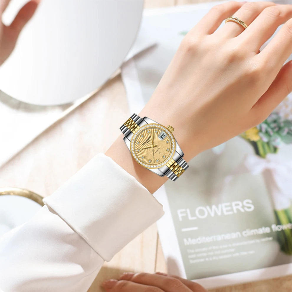 ROLENDO Classic Date Watches for Woman 32mm Sapphire Crystal 30ATM Butterfly Buckle Gold Luxury Diamond-set Automatic Wristwatch