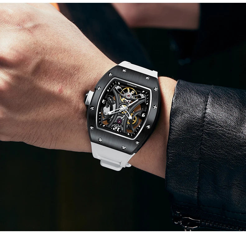 New Style automatic watch tonneau dial silicone strap waterproof sport mechanical wristwatch stainless steel 2026