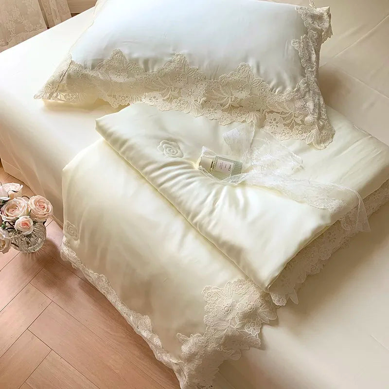 100%Eucalyptus Lyocell Cream White Lace Soft Silky Textured Wrinkle-Free Summer comforter Blanket 1Pc Flat sheet 2Pillow shams