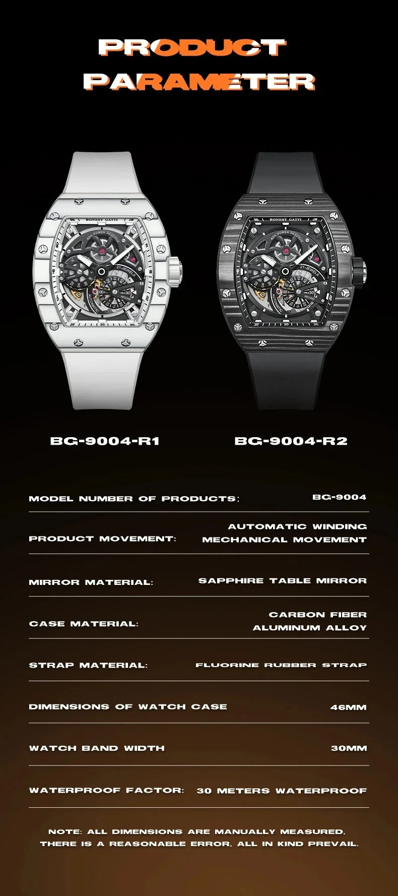 BONEST GATTI Men Automatic Movement Mechanical Watch Carbon Fiber Bezel Tonneau Luminous Case Fluororubber Strap Watches For Men