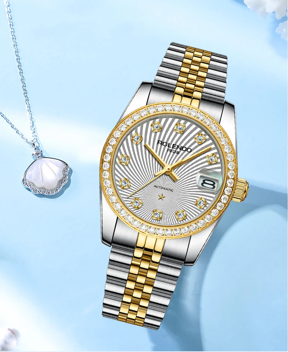 ROLENDO Classic Date Watches for Woman 32mm Sapphire Crystal 30ATM Butterfly Buckle Gold Luxury Diamond-set Automatic Wristwatch