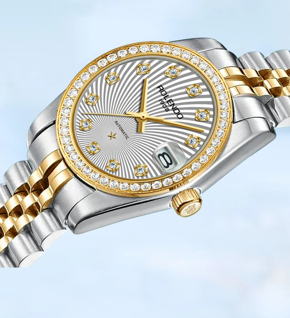 ROLENDO Classic Date Watches for Woman 32mm Sapphire Crystal 30ATM Butterfly Buckle Gold Luxury Diamond-set Automatic Wristwatch