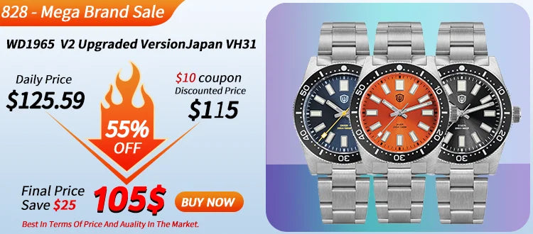 Watchdives New WD1863 Watch VK63 Chronograph Movement Aluminum Bezel BGW9 Luminous Bubble Sapphire Crystal 39mm Vintage Watches