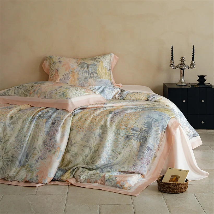 Luxury 22mm Mulberry Silk Bedding Set Romantic Floral Duvet Cover Pillowcases Bed Sheet Set Luxury Bed Linen King Queen Size
