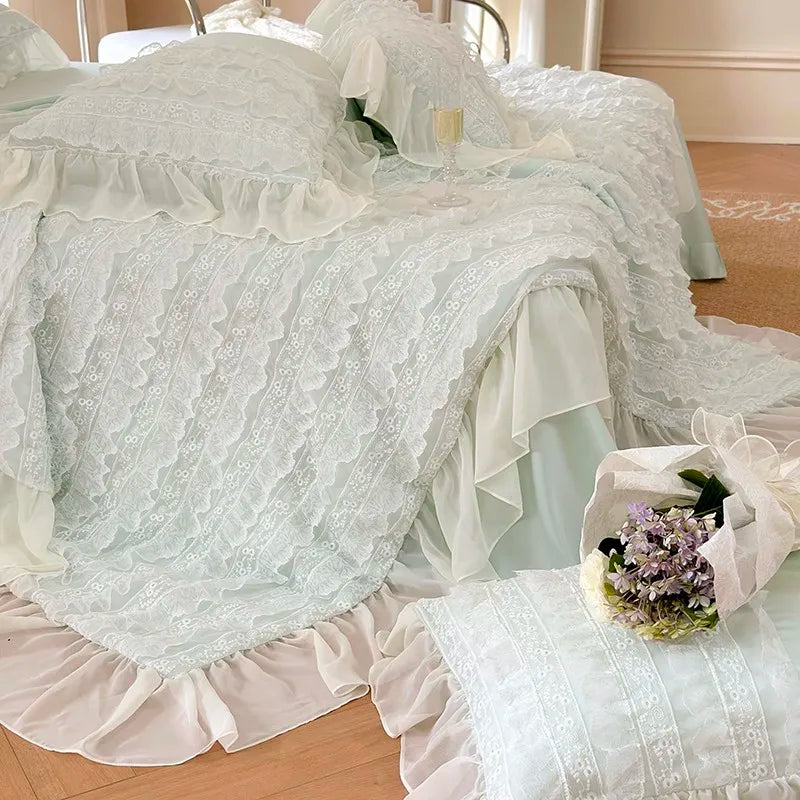 100%Eucalyptus Lyocell Cream White Lace Soft Silky Textured Wrinkle-Free Summer comforter Blanket 1Pc Flat sheet 2Pillow shams