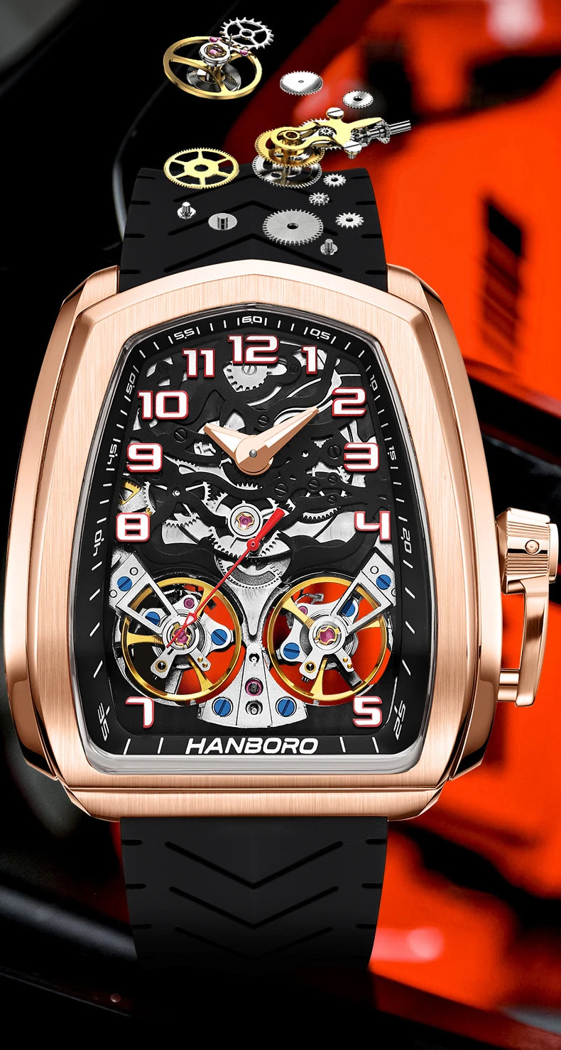 HANBORO fully automatic mechanical men's watch hollowed out wristwatch trend waterproof luminous watch