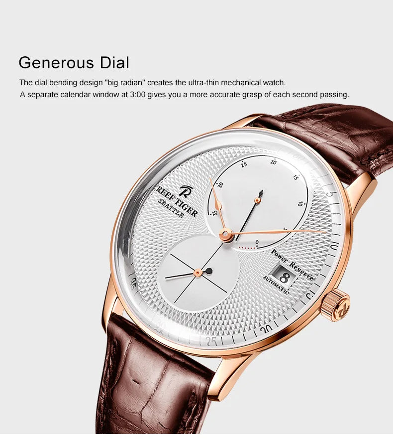 Reef-Tiger /RT Men Luxury Watch Rose Gold Mechanical Watch Brown Leather Strap Analog Watches Relogio Masculino RGA82B0