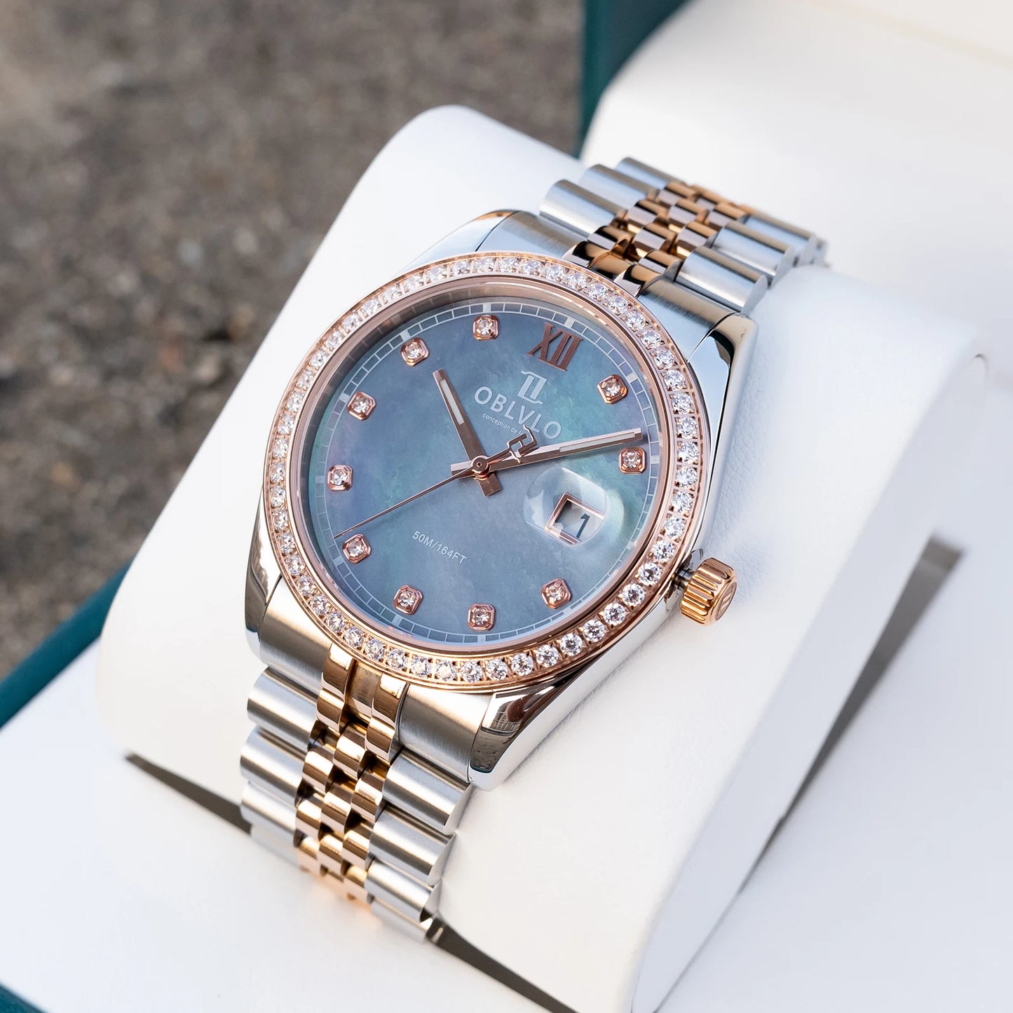 OBLVLO Men's Elegant Diamonds Bezel Two Tone Bracelet Quartz Watch with Date Fashion MOP Dial Business Watches for Men RX-PE-D