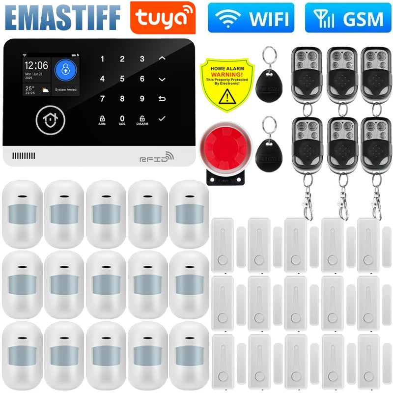 Wireless Tuya APP SIM GSM Home RFID Burglar Security LCD Touch Keyboard WIFI GSM Alarm System Sensor kit Russian,Spanish Voice