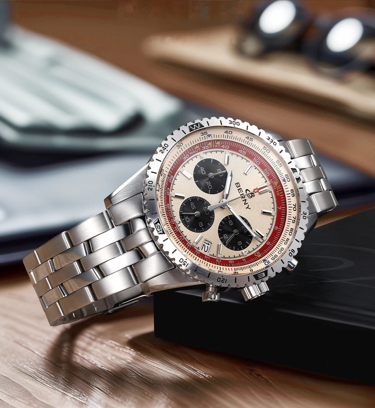 BERNY Chronograph Watches for Men Aviation Pilot Multifunction Quartz Men's Watch Date Sapphire Super Luminous Luxury Wristwatch