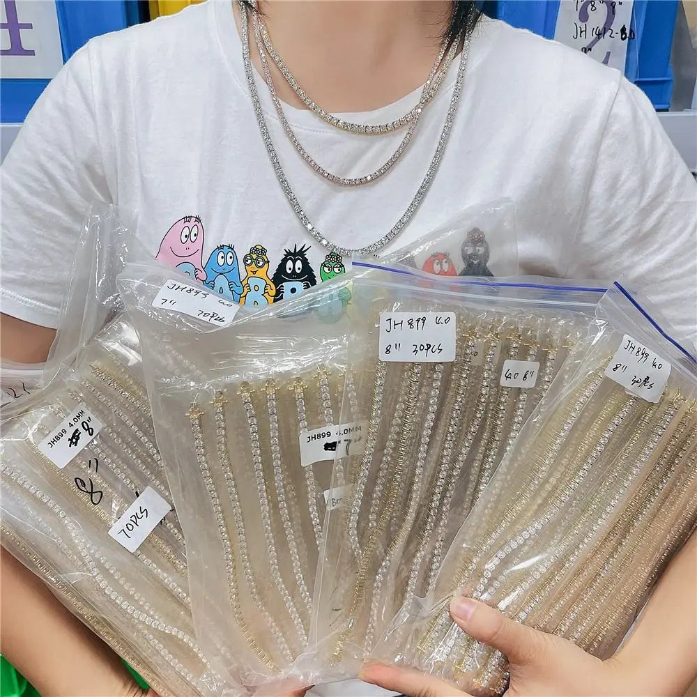 3MM Pink Full Moissanite Tennis HipHop Blue Green Yellow Purple Bracelet S925 Sliver Plated White Gold Bracelet for Women Men