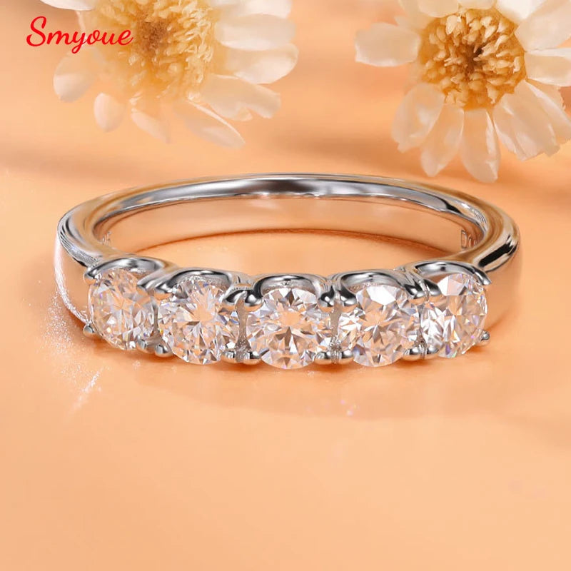 Smyoue 5 Stones 3.5mm 0.2CT Moissanite Rings for Women Half Enternity Lab Diamond Band S925 Sterling Silver Plated 18K Gold GRA