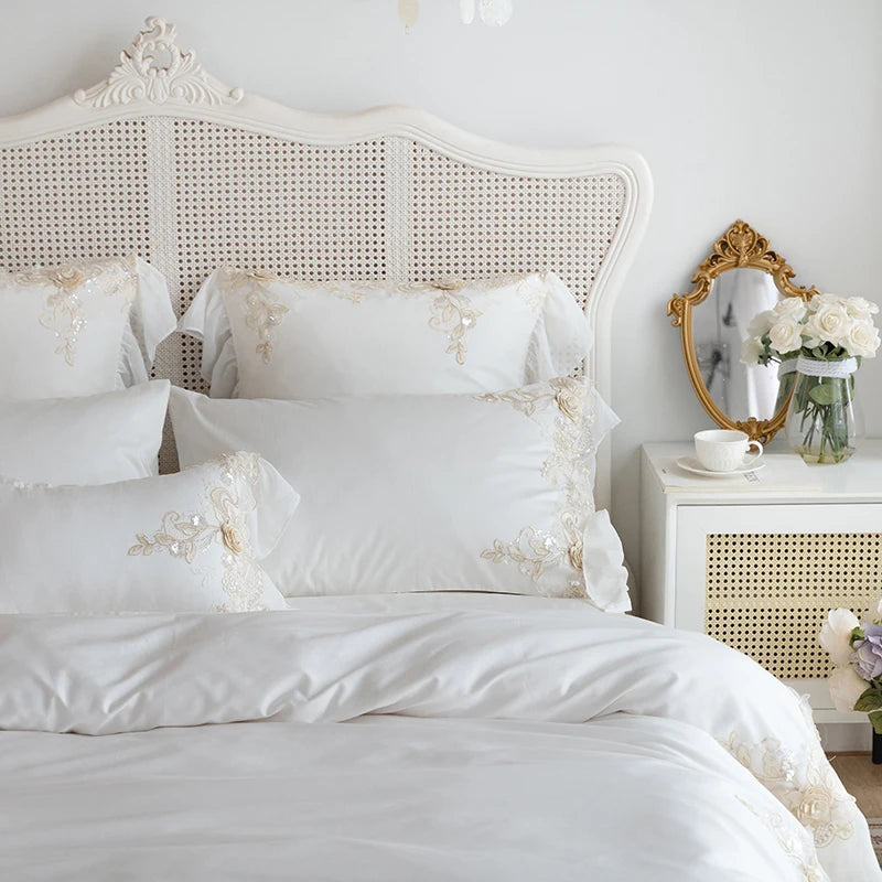 White Lace Embroidery Princess Bedding Set Luxury High End France Style Egyptian Cotton Duvet Cover Sets Bed Sheet Pillowcases