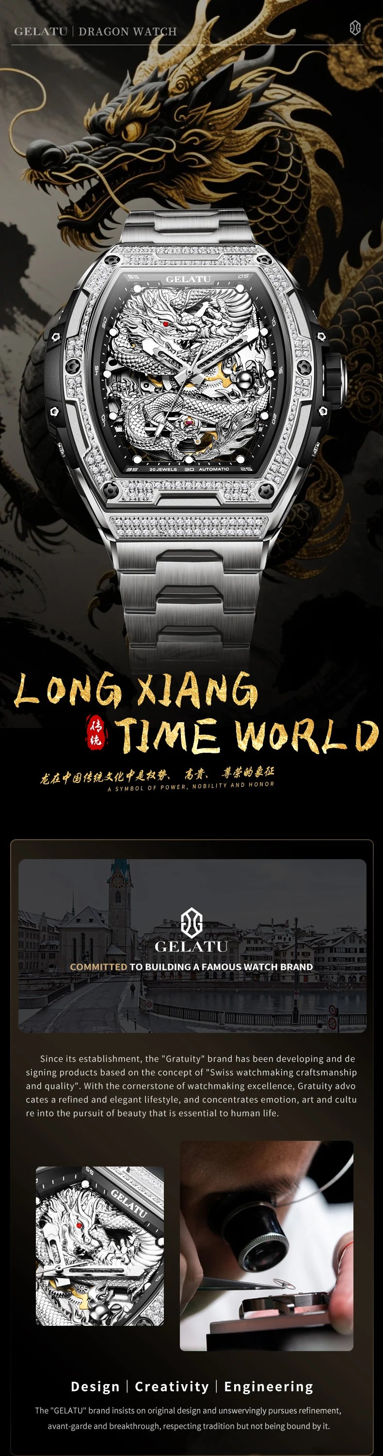 GELATU 6021 Men's Watch Fashion Automatic Mechanical Watch For Men Hollow Waterproof Luminous Dragon Dial Luxury Man Wristwatch