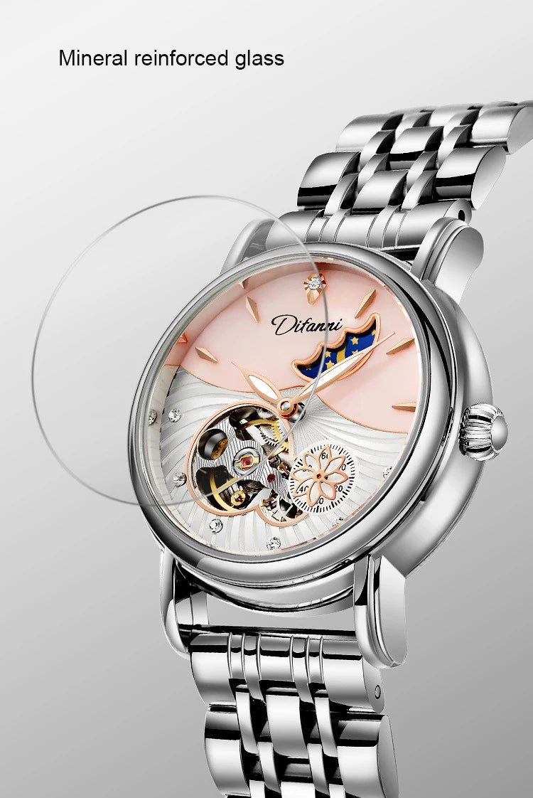 Fashion Brand Women Automatic Mechanical Watches Diamond Wristwatch Ladies Moon Plate Business Dress Waterproof Luminous Clock