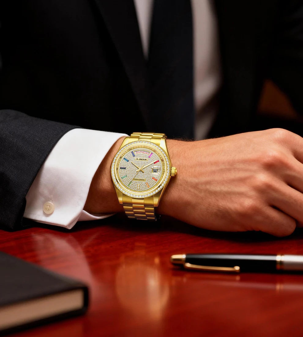 X-GEAR Men Luxury Watches Full diamond dial Diamond bezel Mechanical Watch Luminous Date Week Display Stainless Steel Case Strap