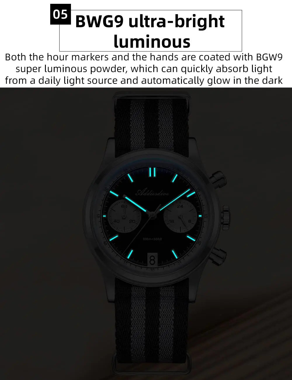 ADDIESDIVE Men's Quartz Chronograph Watch Luminous Bubble Glass 100m Waterproof Nylon Strap Watches For Man AD2095 Fashion Watch