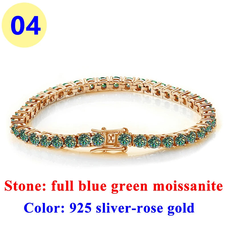 3MM Pink Full Moissanite Tennis HipHop Blue Green Yellow Purple Bracelet S925 Sliver Plated White Gold Bracelet for Women Men