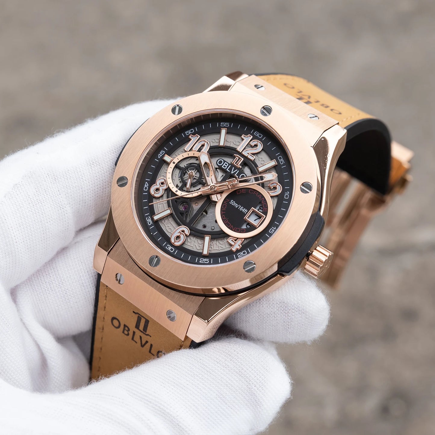 OBLVLO Men's Fashion Rose Gold 44mm Hollow-out Automatic Watch Waterproof Brown Leather Strap Mechanical Clock with Date HM-GT