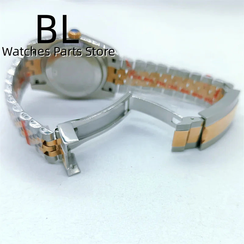 BLIGER 36mm39mm Two-tone Rose Gold Black Dial Watch For Men Date Fluted Bezel Sapphire Glass Rose Roman Index Jubille Bracelet