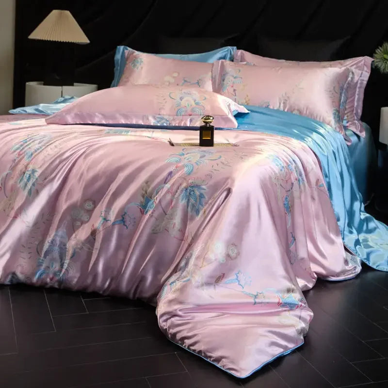 100% Natural Mulberry Silk Fitted Sheet Bedding Sets 3D Printed Satin Cooling Quilt Cover Set for Summer Single Double Bed Kit