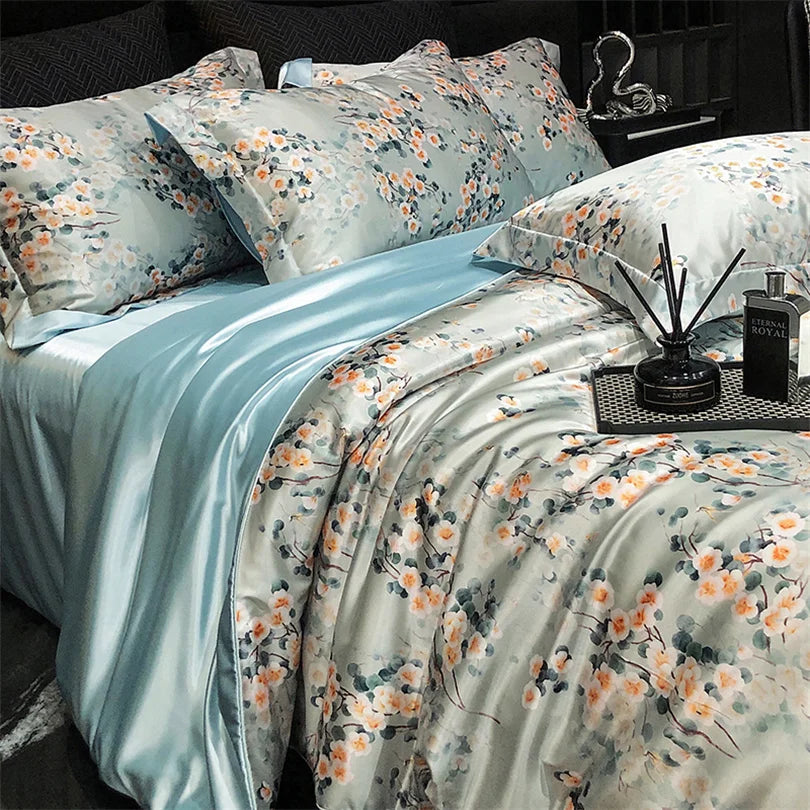 Floral Silk Bedding Set with Duvet Cover Bed Sheet Pillowcase Luxury Couple Single Double King Queen Soft Bedsheet Nordic Smooth