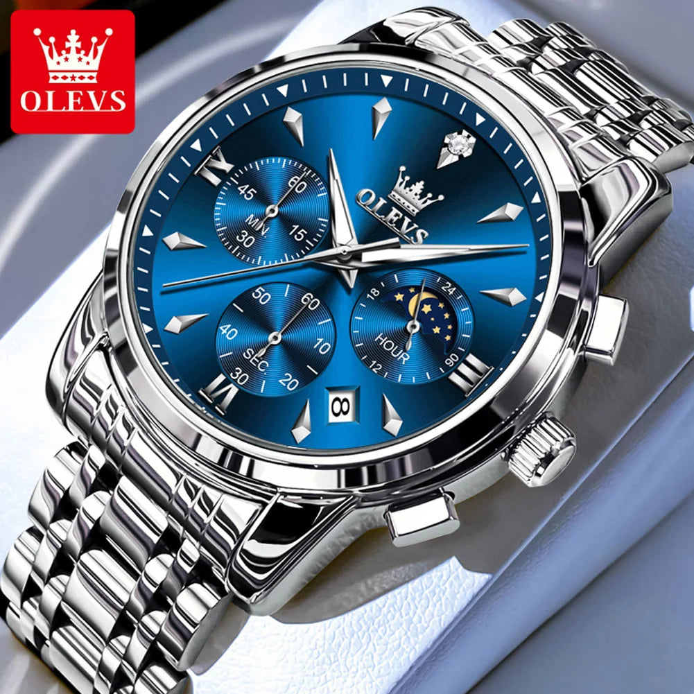 OLEVS 3639 Top Brand Original Luxury New Quartz Watch Stainless Steel Watch For Men Waterproof Luminous Moon Phase Mens Watch