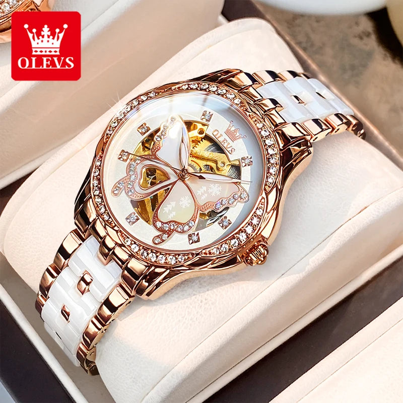 OLEVS 6622 Luxury Women All Automatic Mechanical Watch HD Waterproof Elegant Butterfly Diamond Women Fashion Bracelet Set Watch