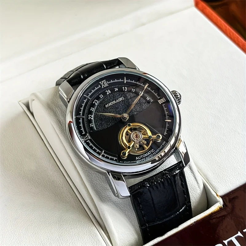 Luxury Men's Automatic Mechanical Watch - Fashionable Hollow Design, Fashionable Business Casual Style, Alloy Case and Leather Strap, No Battery