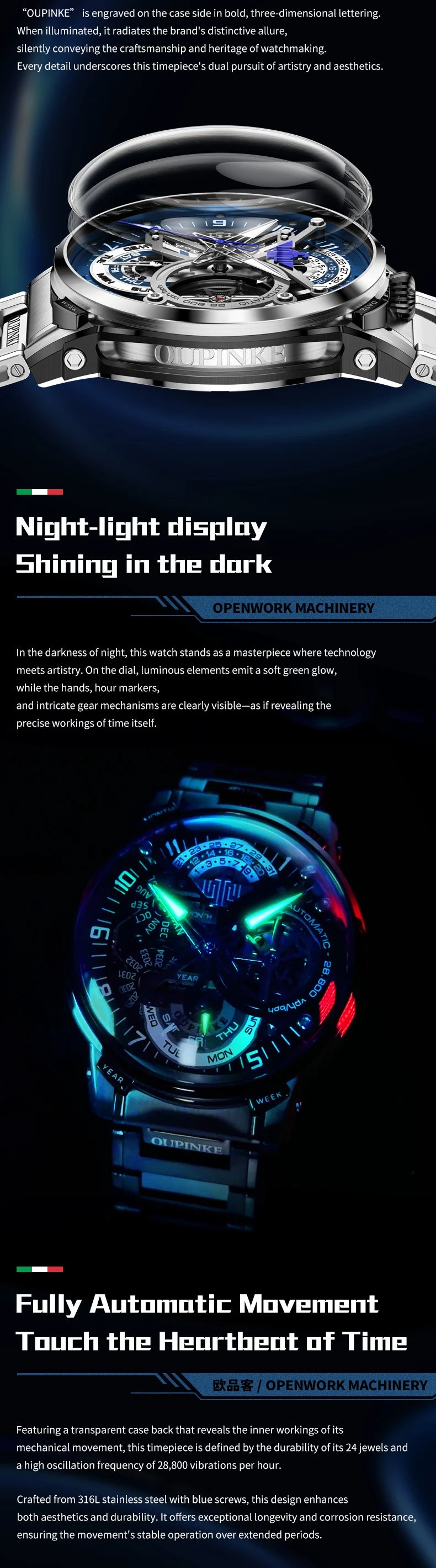 OUPINKE 3278 Herrenuhr, Luxus-Automatikuhr mit Schwungrad, Skelett-Uhrwerk, 50 m wasserdicht, Edelstahl 316L