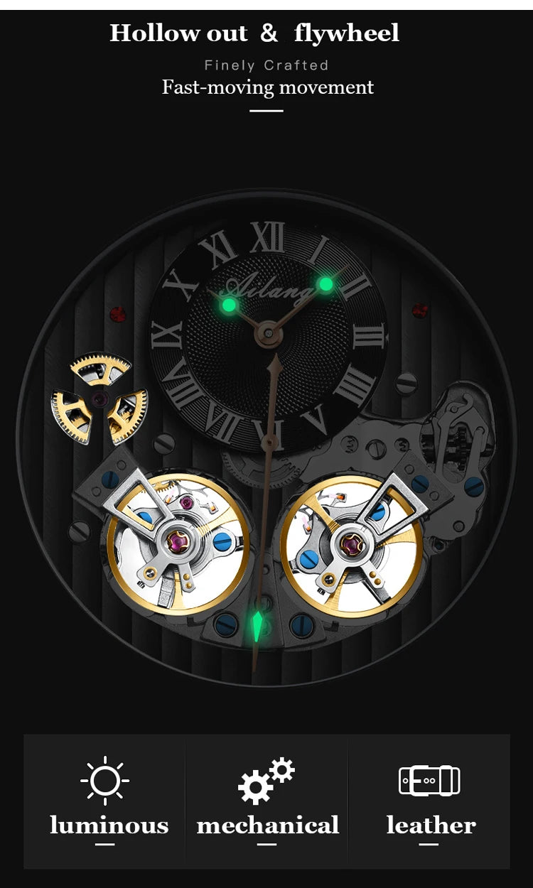 Montre de luxe AILANG pour homme, marque haut de gamme, automatique, lumineuse, noire, double tourbillon, étanche, mécanique, Relogio