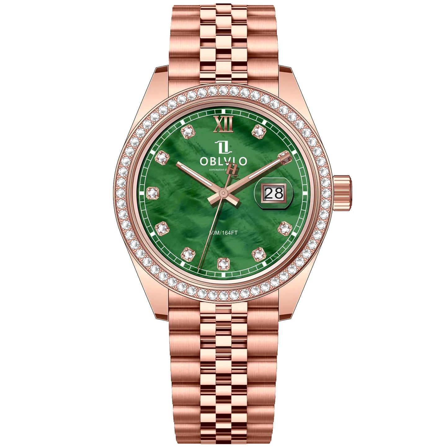 OBLVLO Men's Elegant Diamonds Bezel Two Tone Bracelet Quartz Watch with Date Fashion MOP Dial Business Watches for Men RX-PE-D