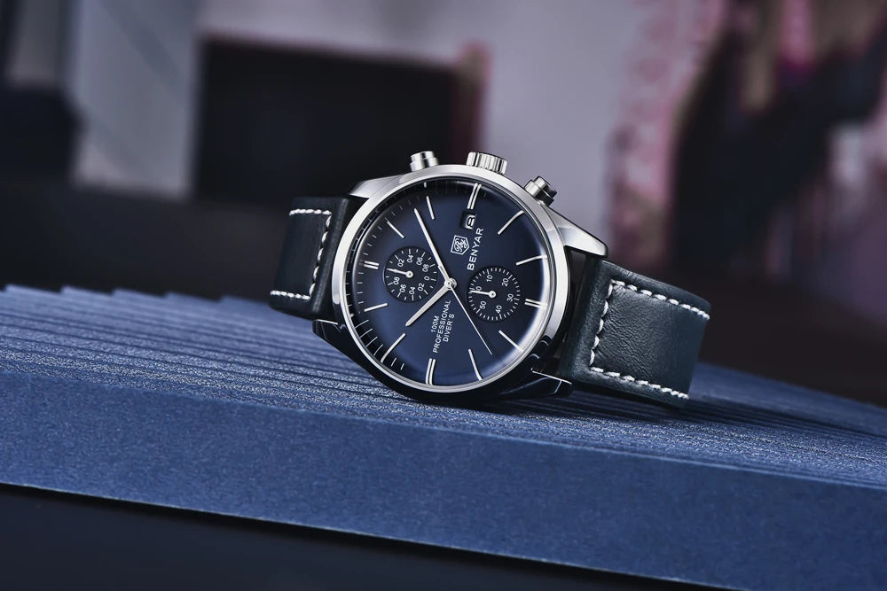 BENYAR Men Quartz Wristwatches Luxury Brand Chronograph Leather Sports Watch For Men Military 100M Waterproof Reloj Hombre 2023