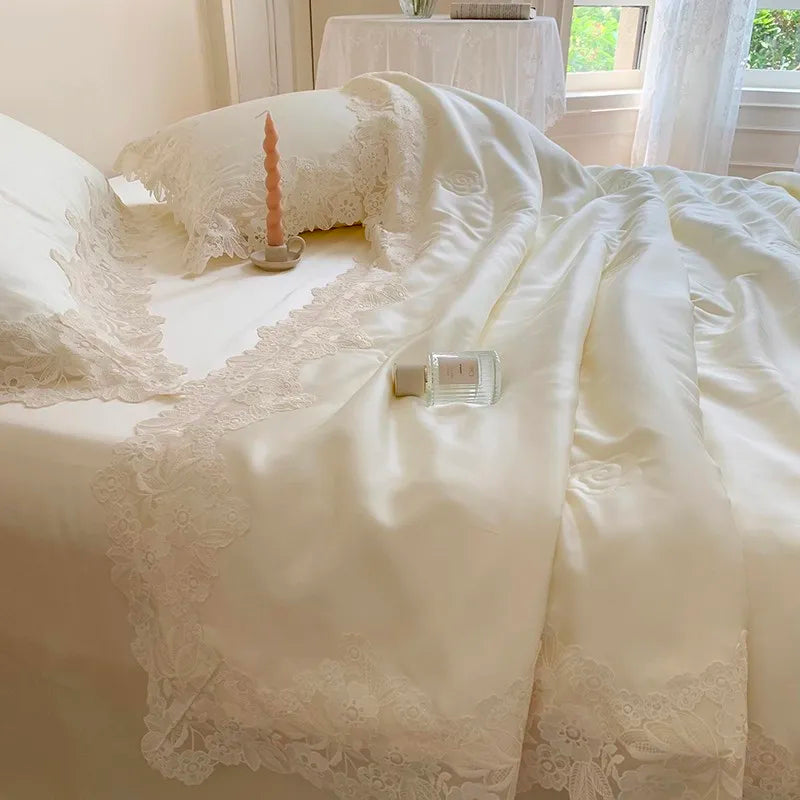 100%Eucalyptus Lyocell Cream White Lace Soft Silky Textured Wrinkle-Free Summer comforter Blanket 1Pc Flat sheet 2Pillow shams